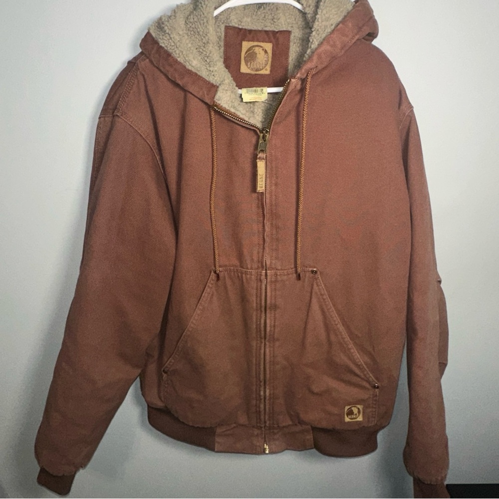 BERNE HEARTLAND HOODED HW430RU Washed Duck Insulated Bark sz L Work Jacket